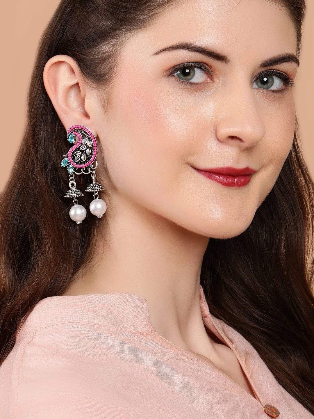

Rubans Women Pink & Blue Silver Plated Oxidized Paisley Jhumka Earrings