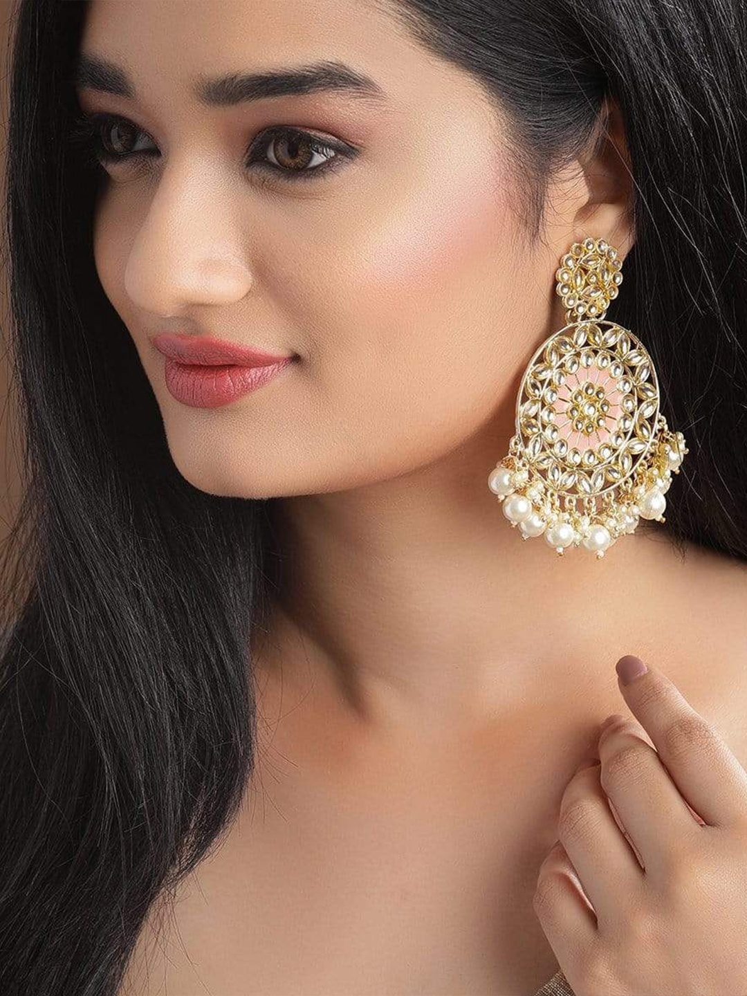 

Rubans 24K Gold-Plated & White Kundan Handcrafted Contemporary Chandbalis Earrings