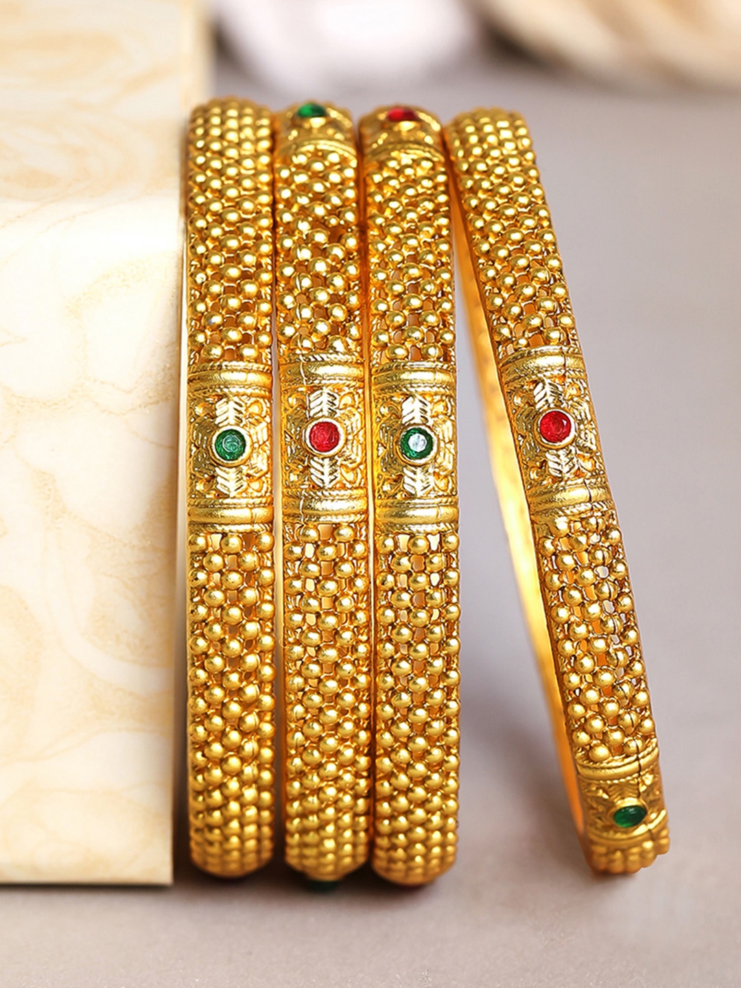 

Rubans Set Of 4 24k Gold-Plated Pink & Green Stone-Studded Handcrafted Bangles