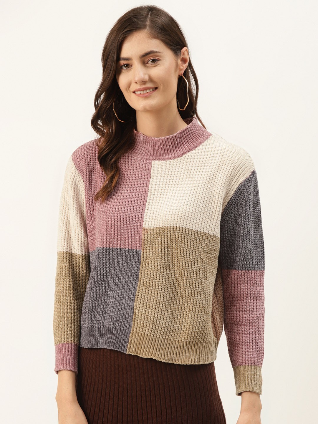 

Madame Women Beige & Pink Colourblocked Pullover