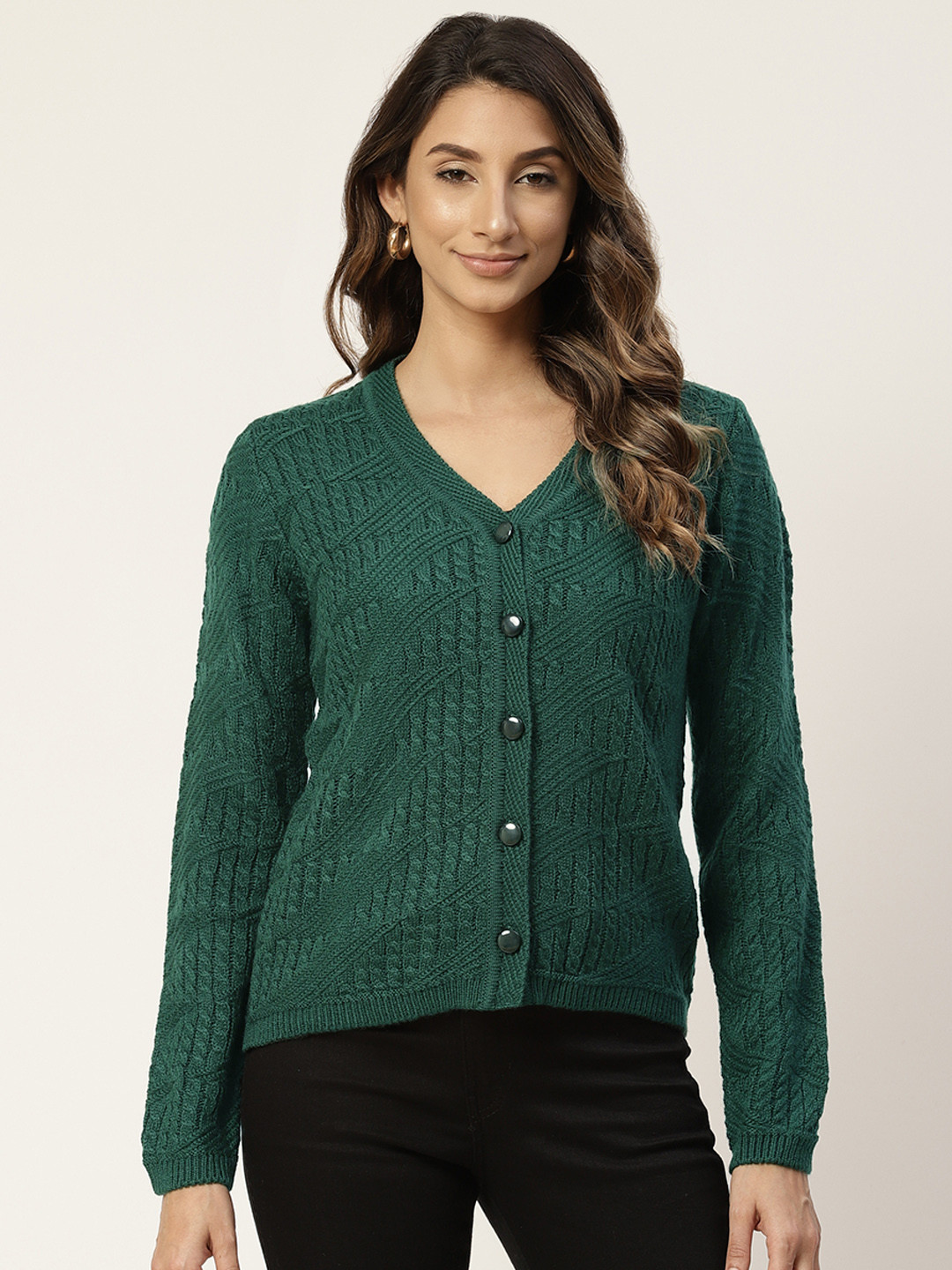 

Madame Women Green Self Design Cardigan