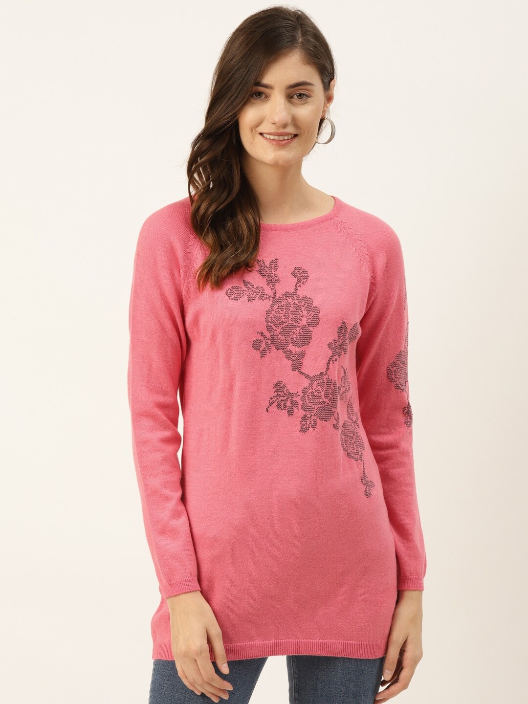 

Madame Women Pink & Charcoal Grey Floral Print Longline Pullover