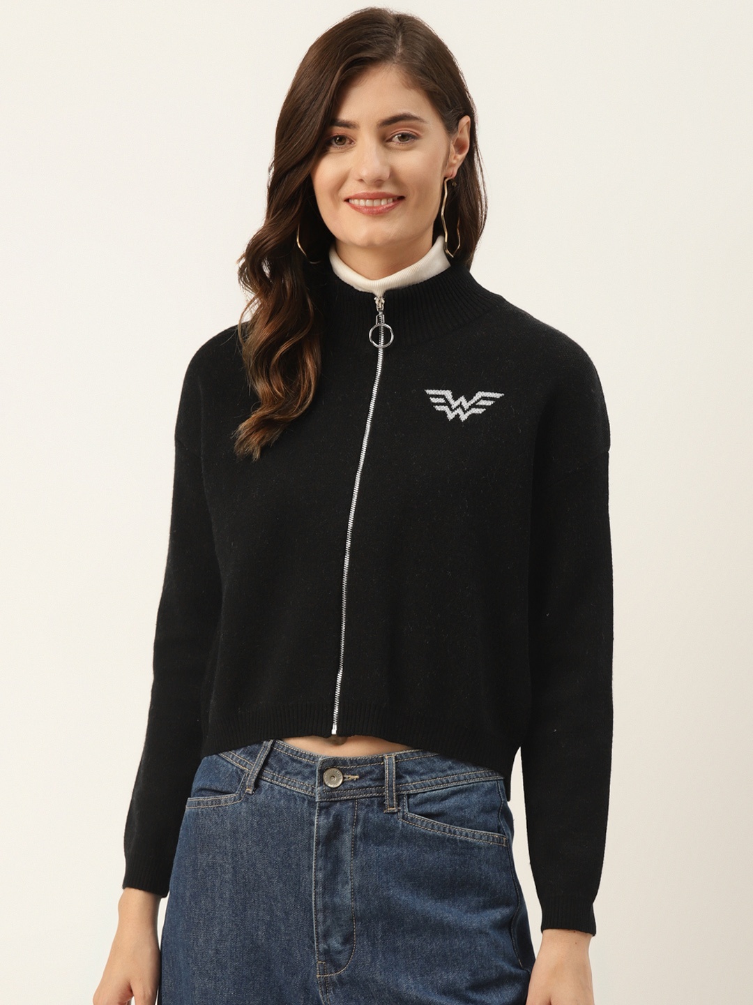 

Madame Women Black Typography Back Cardigan