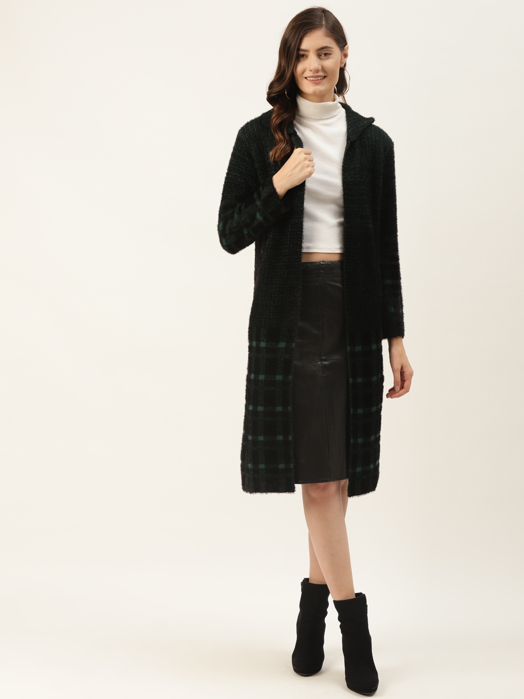 

Madame Women Green & Black Checked Fuzzy Longline Front-Open Sweater