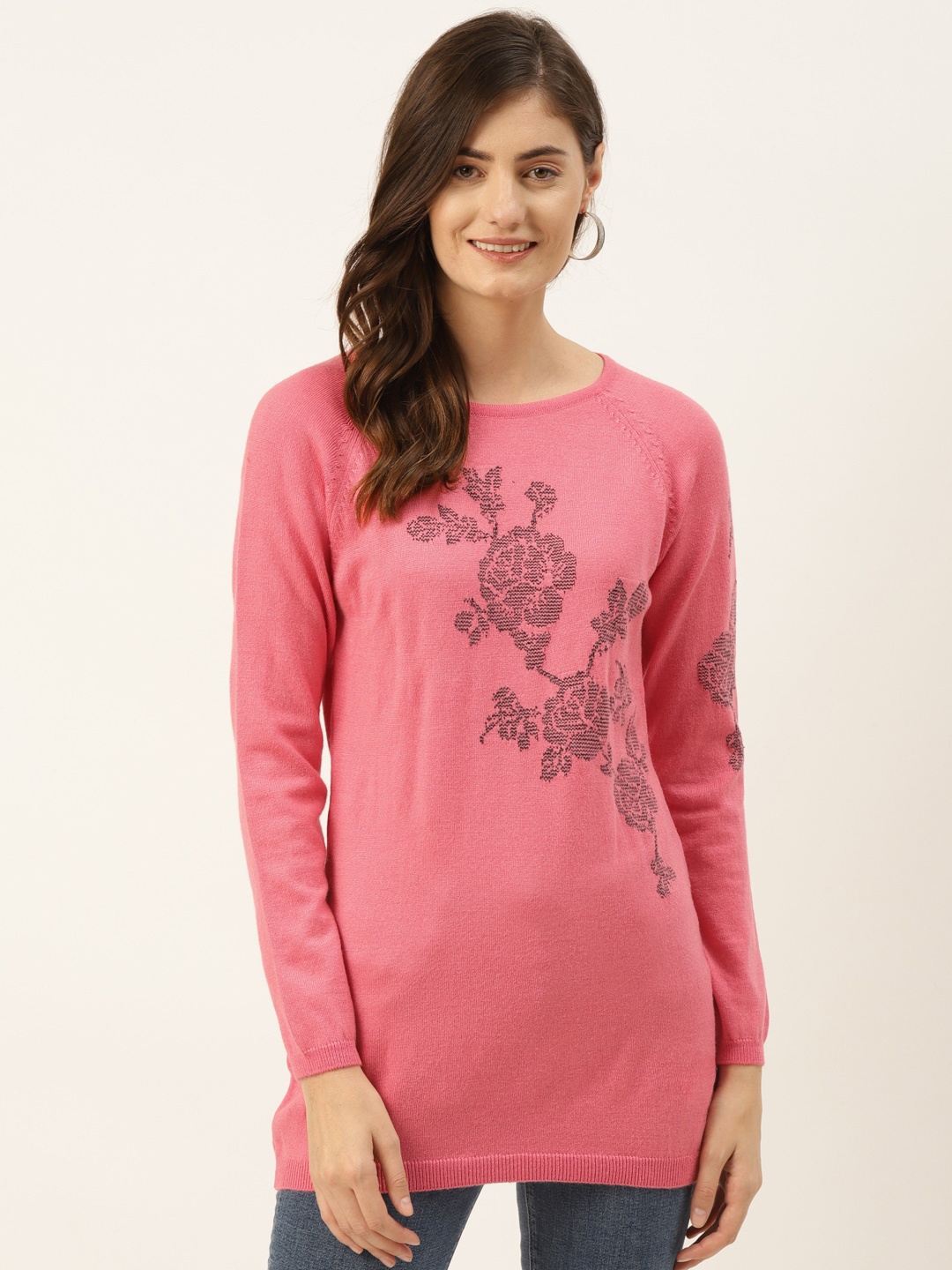 

Madame Women Pink & Charcoal Grey Floral Print Longline Pullover