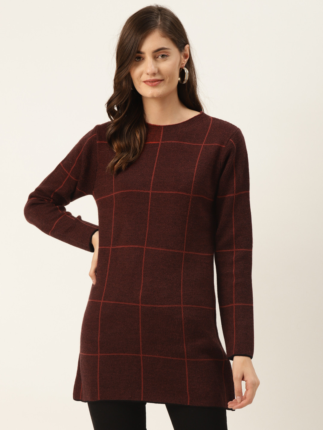 

Madame Women Rust Red Checked Longline Pullover