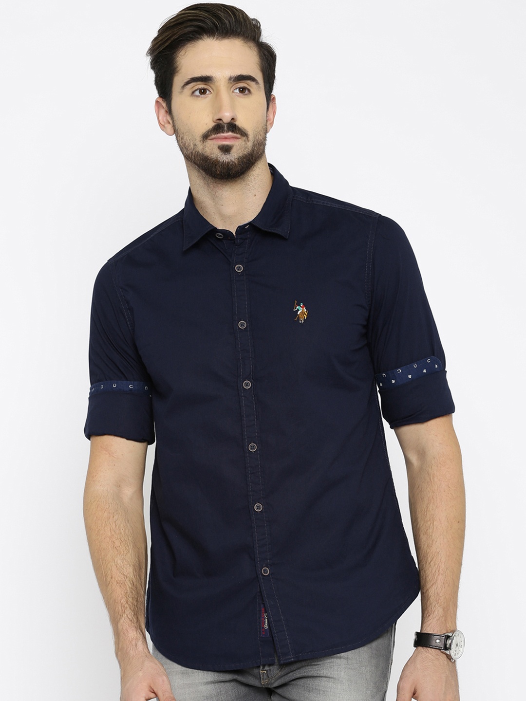 

U.S. Polo Assn. Men Navy Slim Fit Solid Casual Shirt, Navy blue