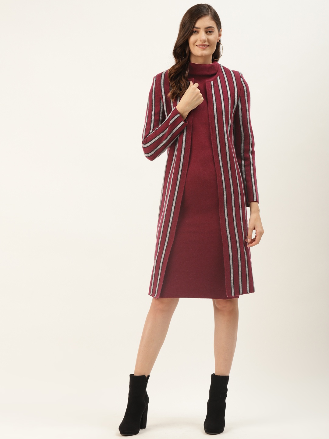 

Madame Maroon & Grey Striped Layered Sweater Dress