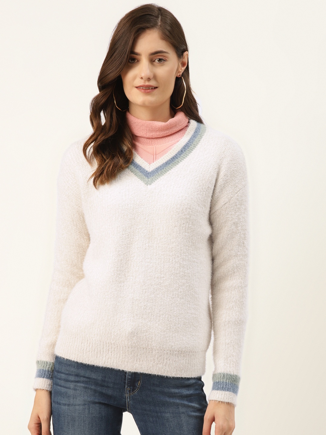 

Madame Women White Solid Fuzzy Pullover