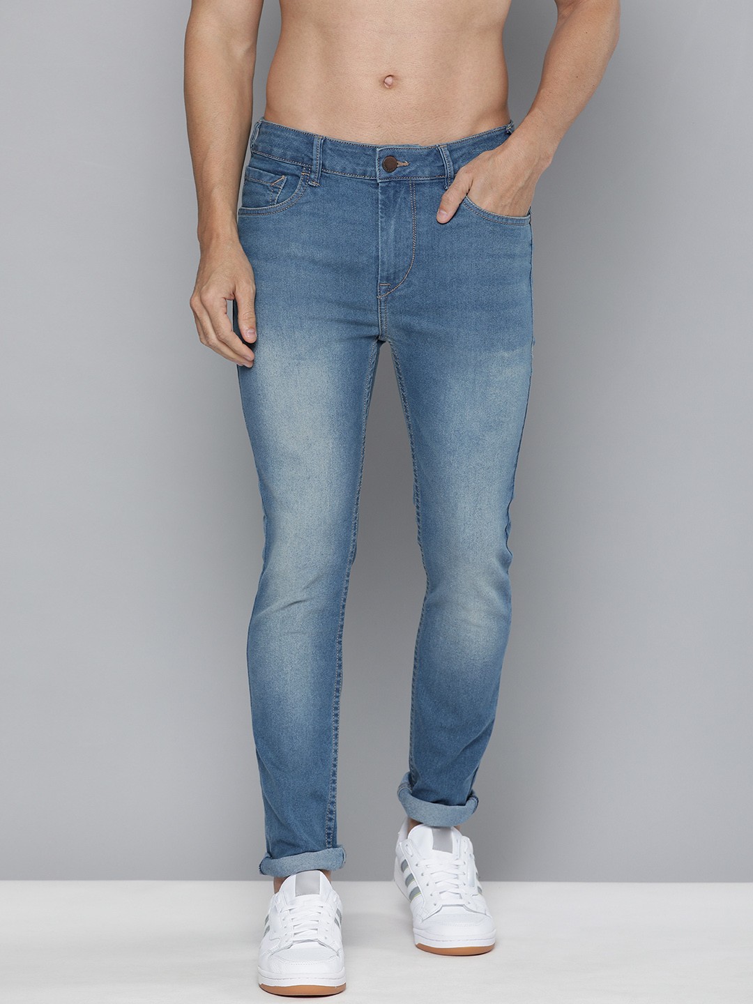 

HERE&NOW Men Blue Skinny Fit Low-Rise Heavy Fade Stretchable Jeans