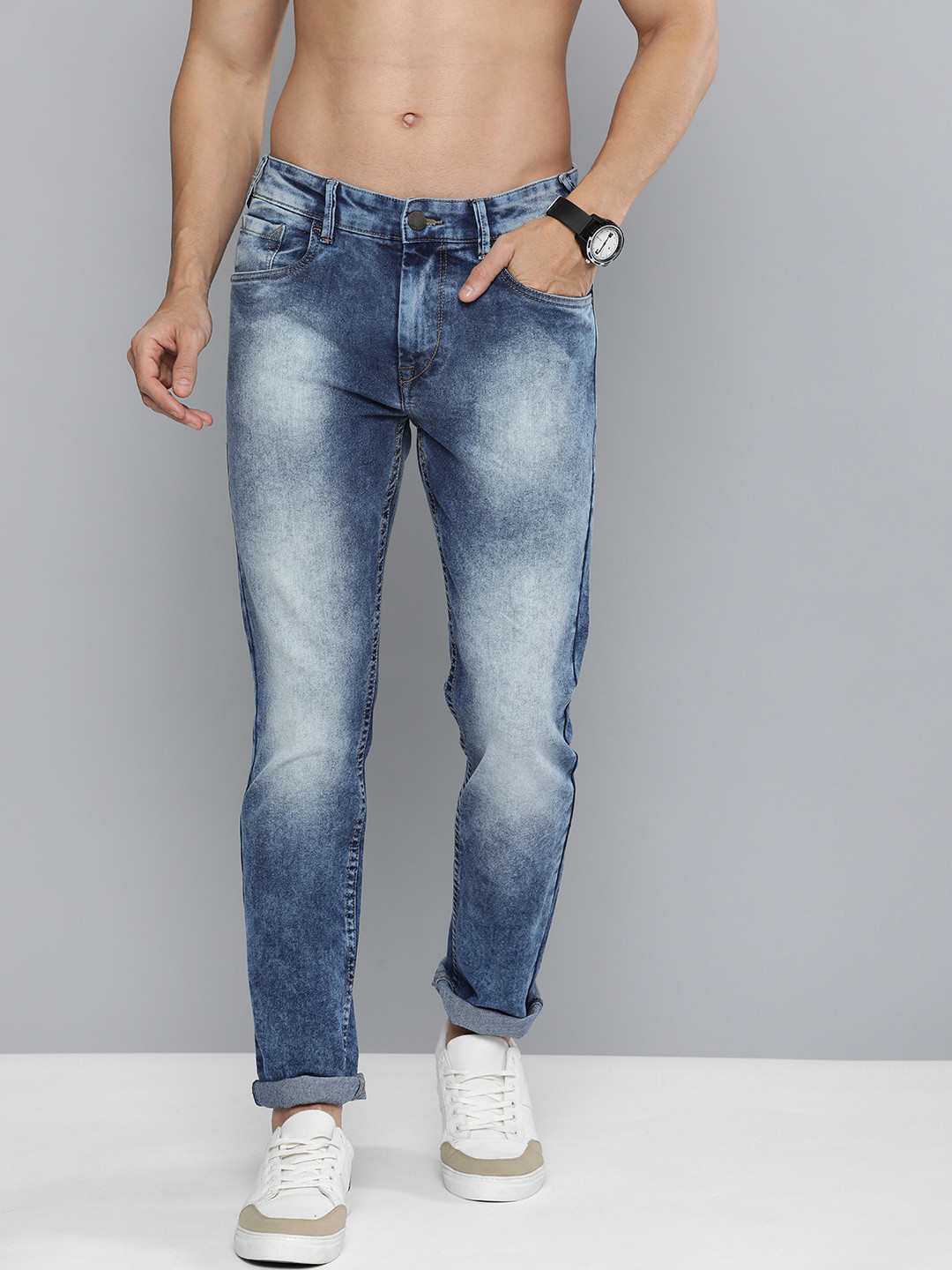

HERE&NOW Men Blue Slim Fit Heavy Fade Bleached Stretchable Jeans