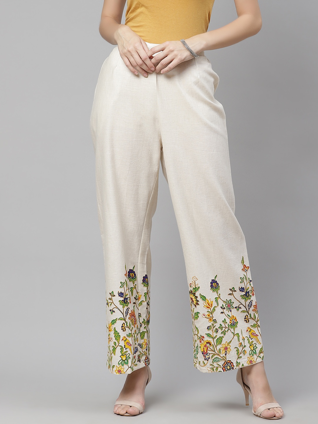 

Yuris Women Off White & Green Cotton Hem Design Ethnic Palazzos