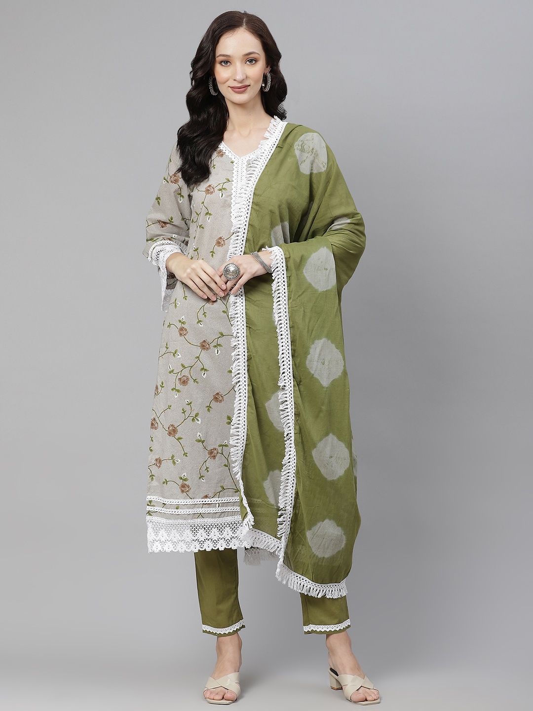 

Yuris Women Grey & Olive Green Floral Print Pure Cotton Kurta with Trousers & Dupatta