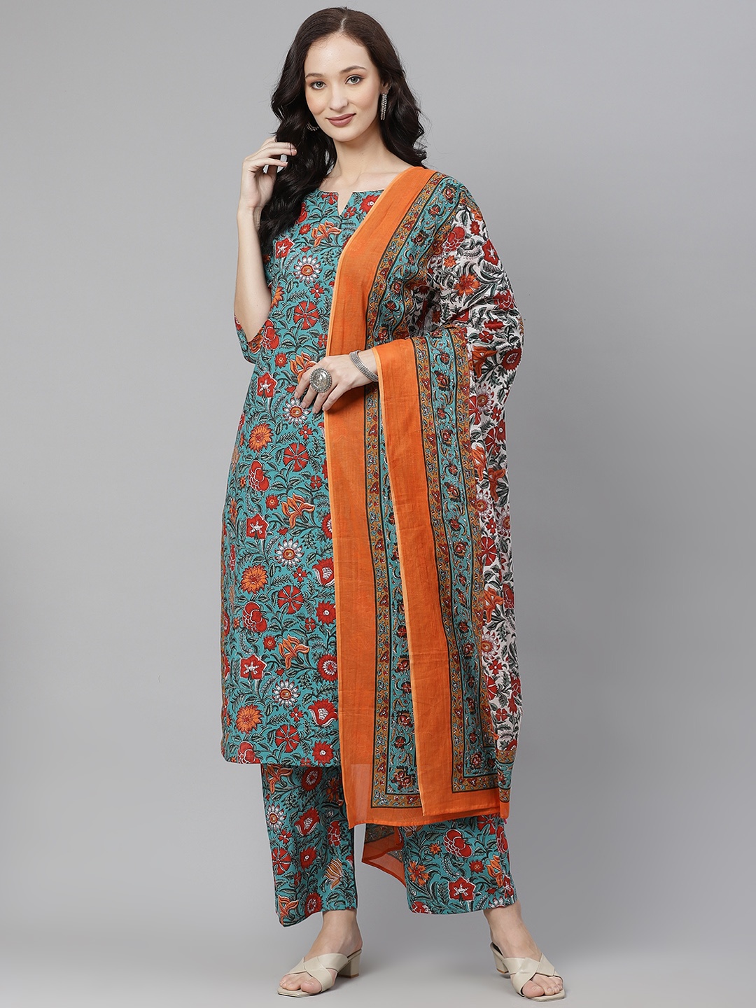 

Yuris Women Blue & Red Ethnic Motifs Print Pure Cotton Kurta with Palazzos & Dupatta