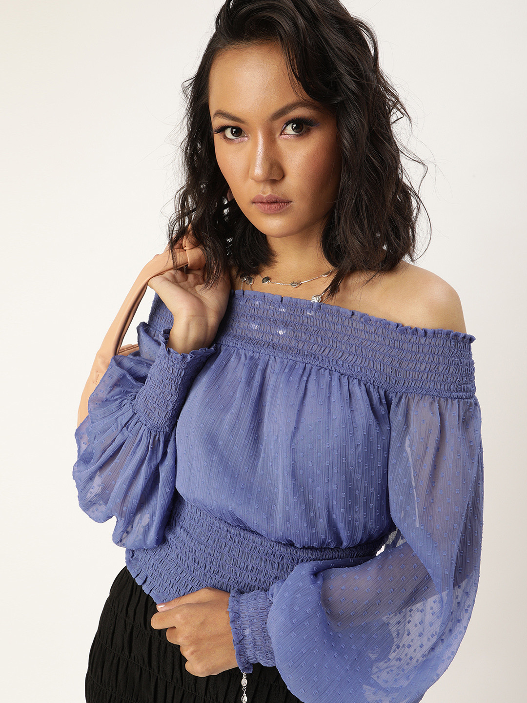 

QUIERO Purple Off-Shoulder Puff Sleeve Chiffon Blouson Top