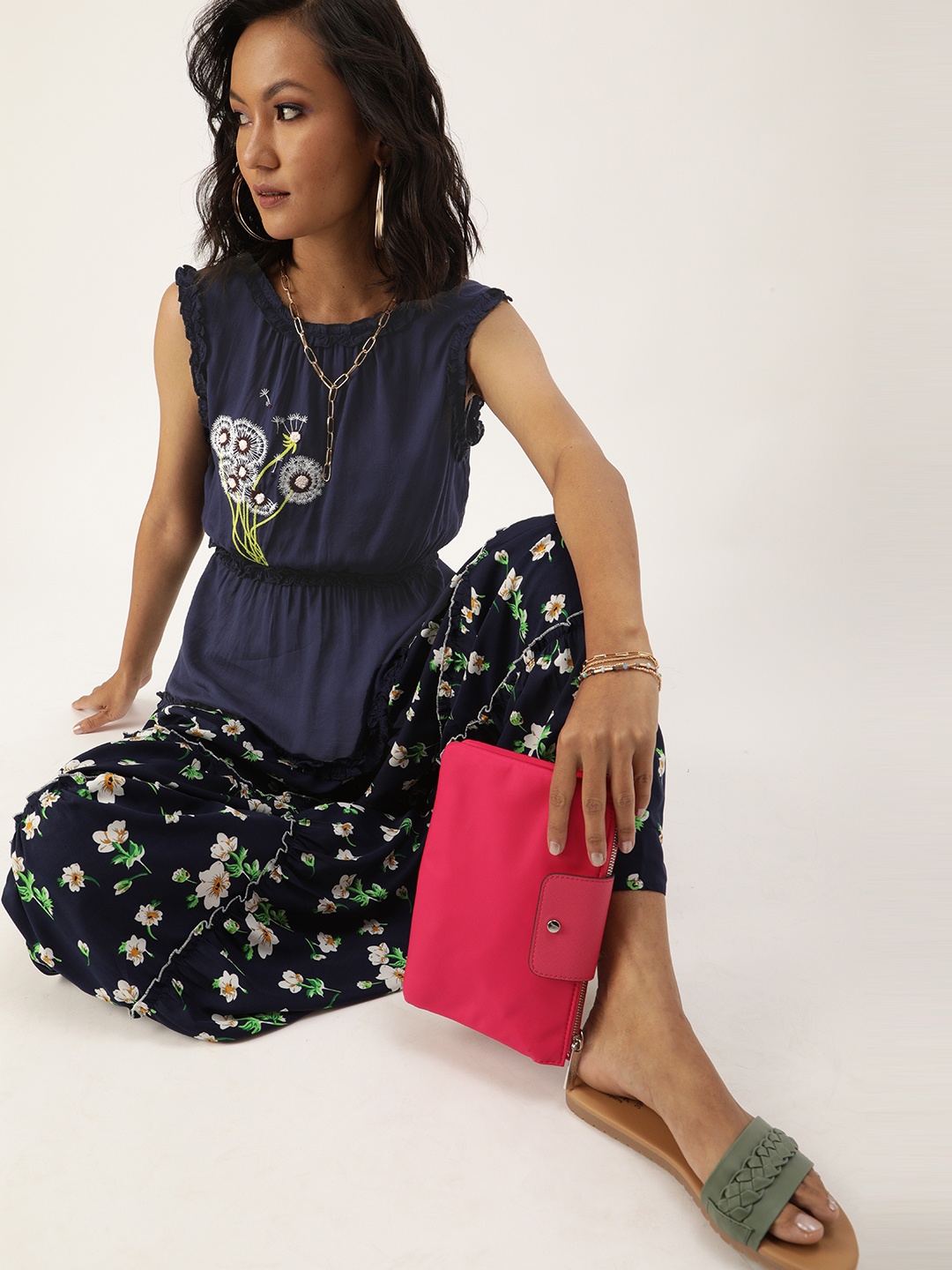 

QUIERO Navy Blue Floral Embroidered Regular Top