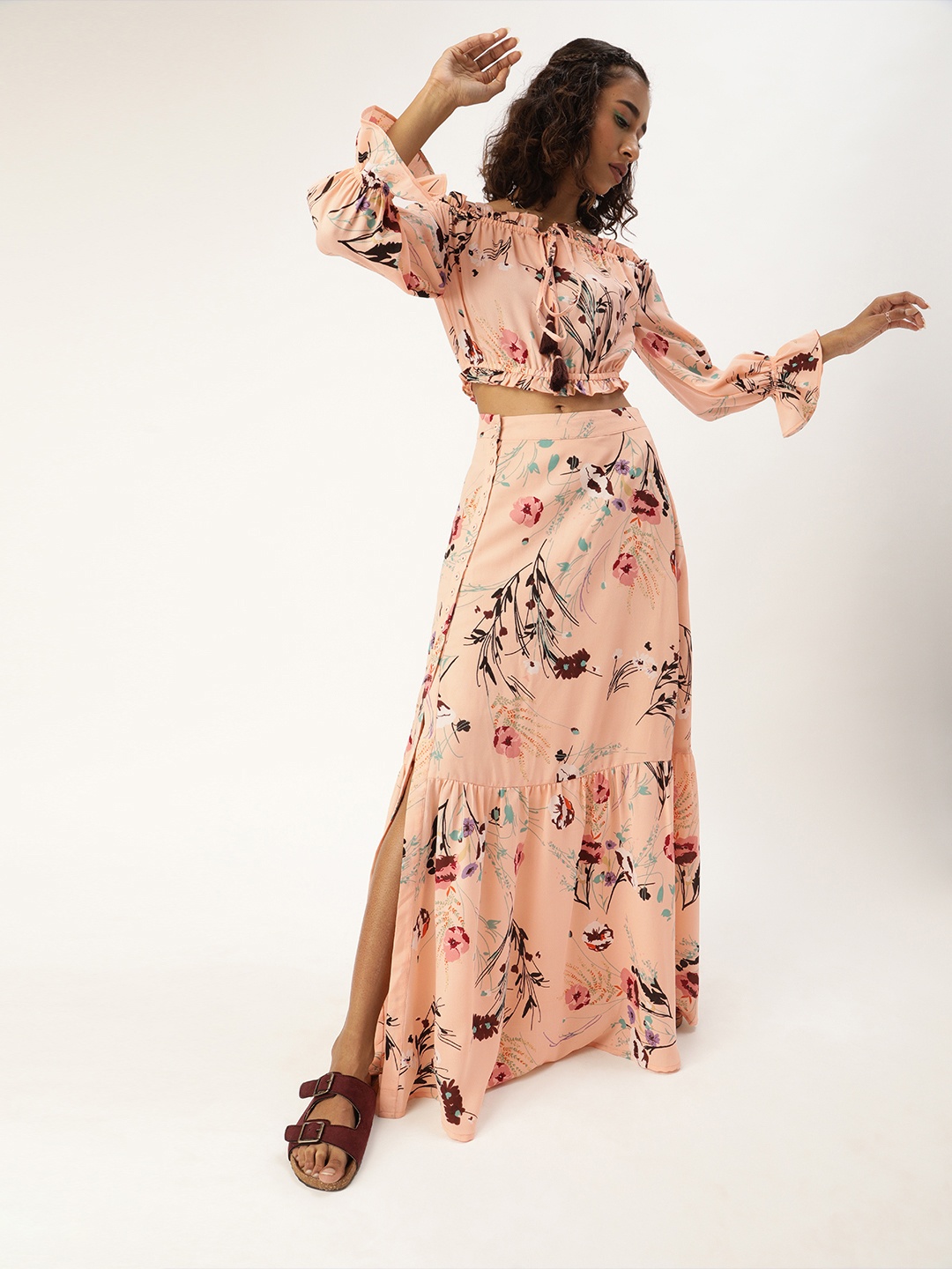 

QUIERO Women Attractive Peach Floral Co-Ords Dress