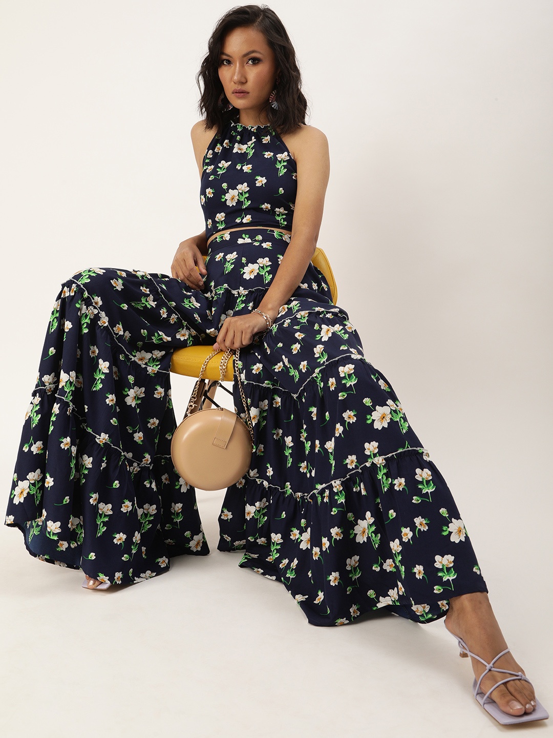 

QUIERO Navy Blue & Off White Halter Neck Printed Two-Piece Set