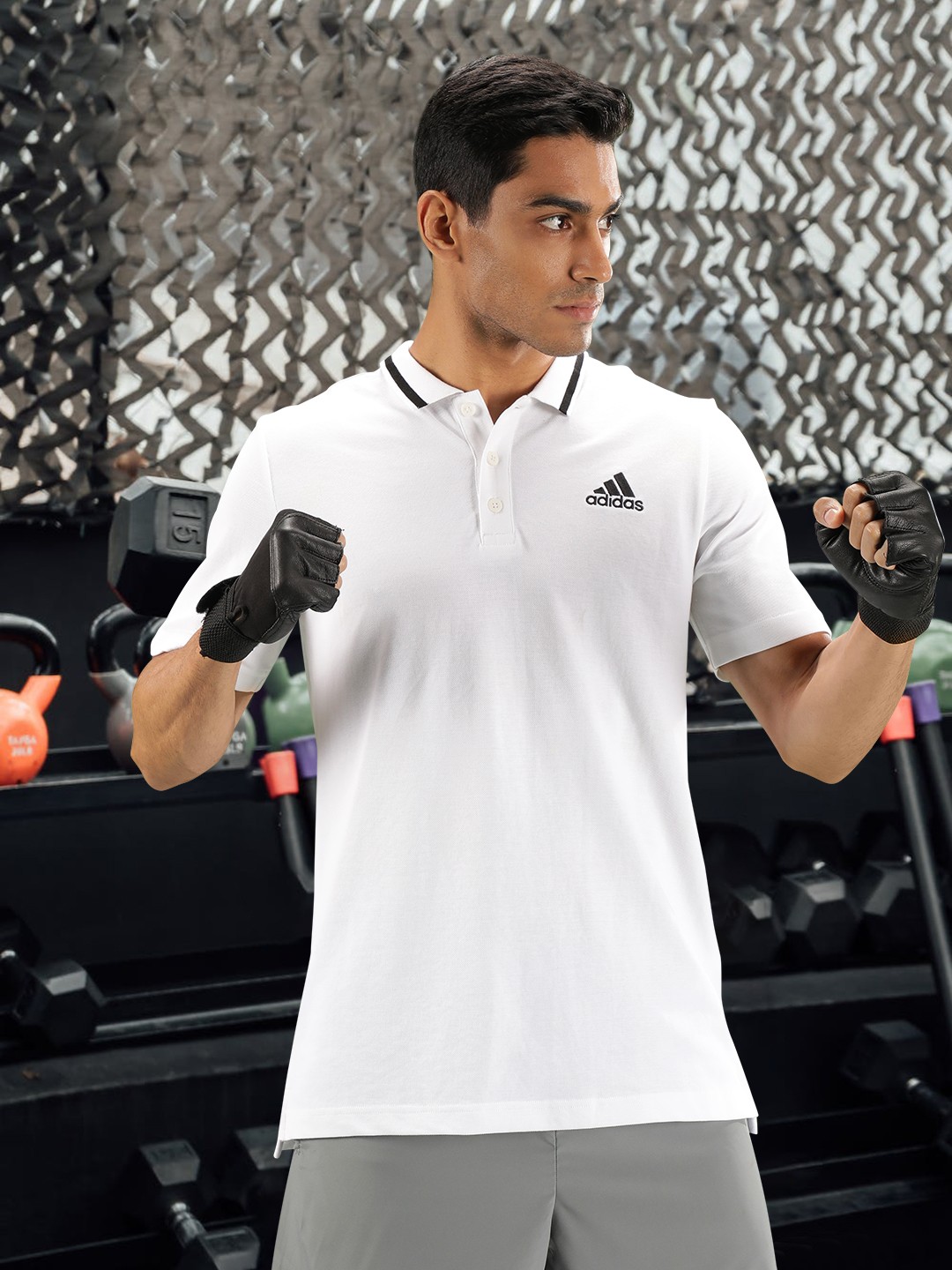 

ADIDAS Men White Solid Polo Collar Short Sleeve Sport Inspired Essential T-shirt