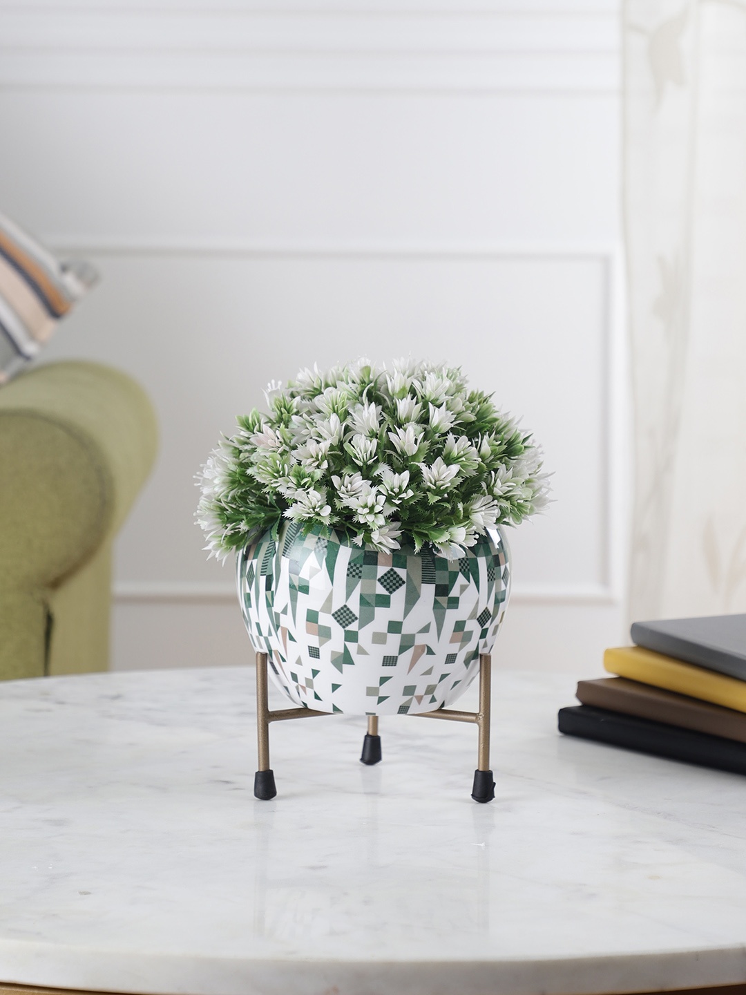 

FOLIYAJ White & Green Geometric Design Meenakari Work Rust-Free Planter