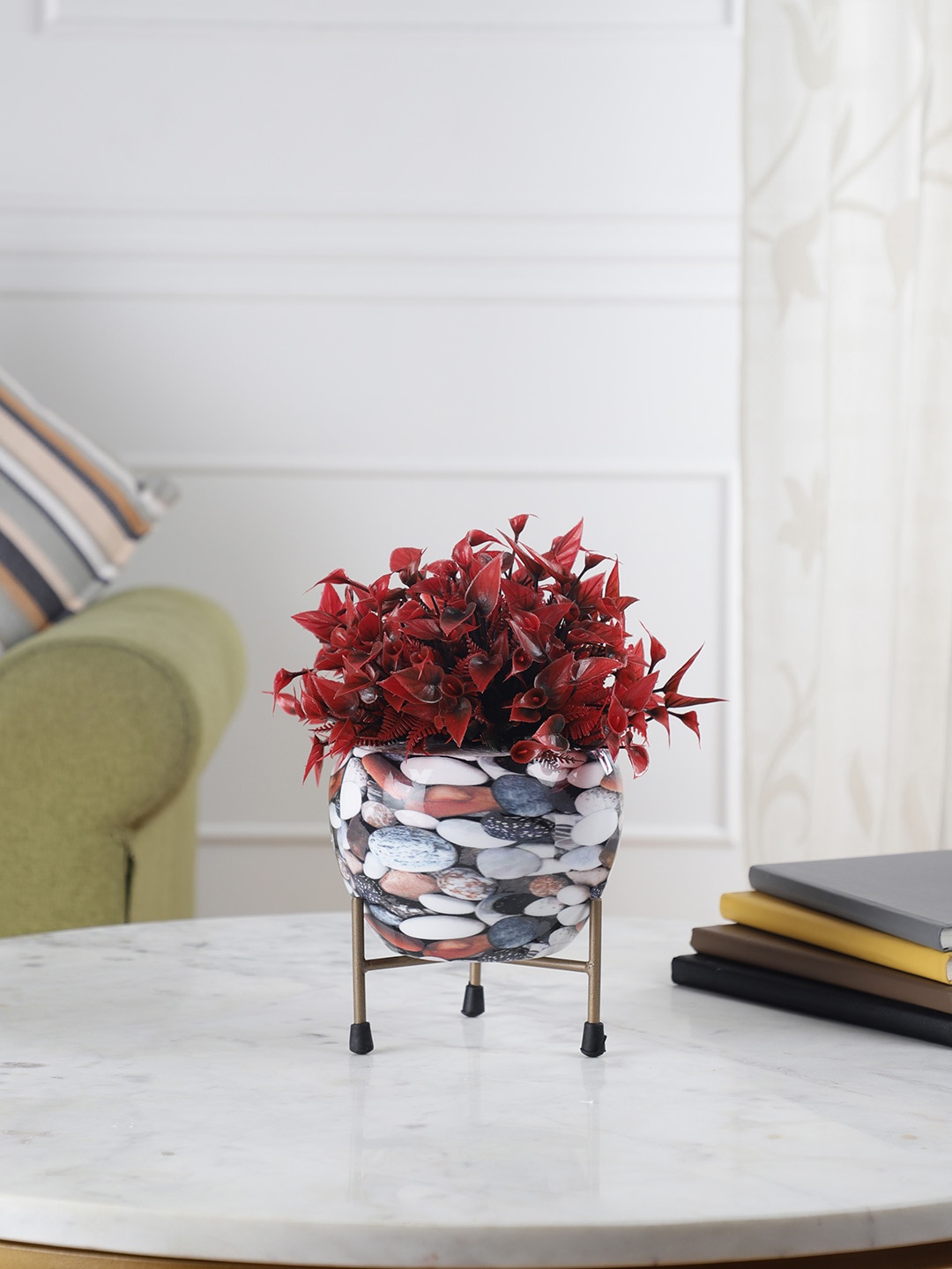 

FOLIYAJ White & Blue Meenakari Work Pebble Design Rustfree Metal Planter
