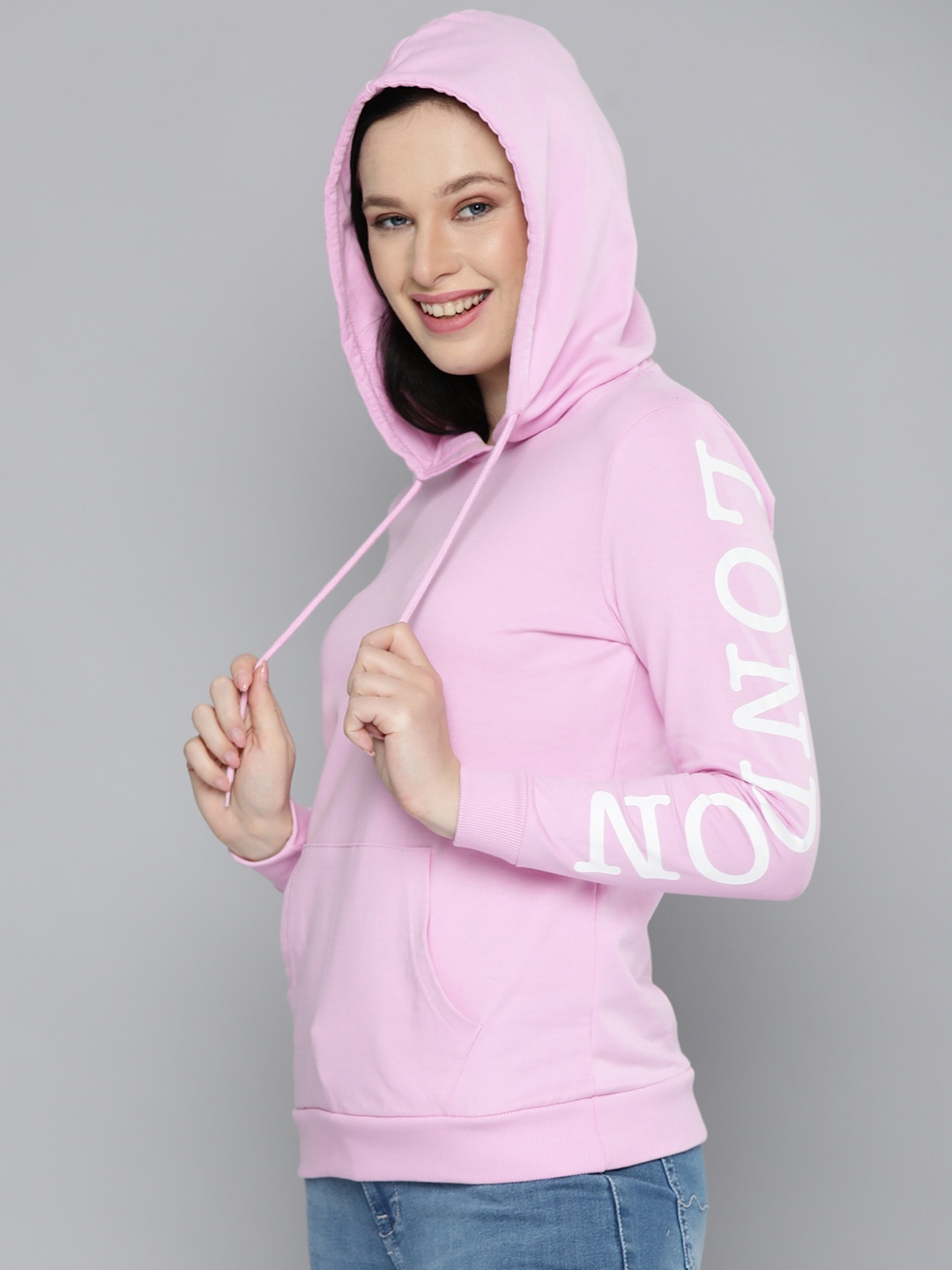 

HERE&NOW Women Lavender & White Printed Hooded Sweatshirt