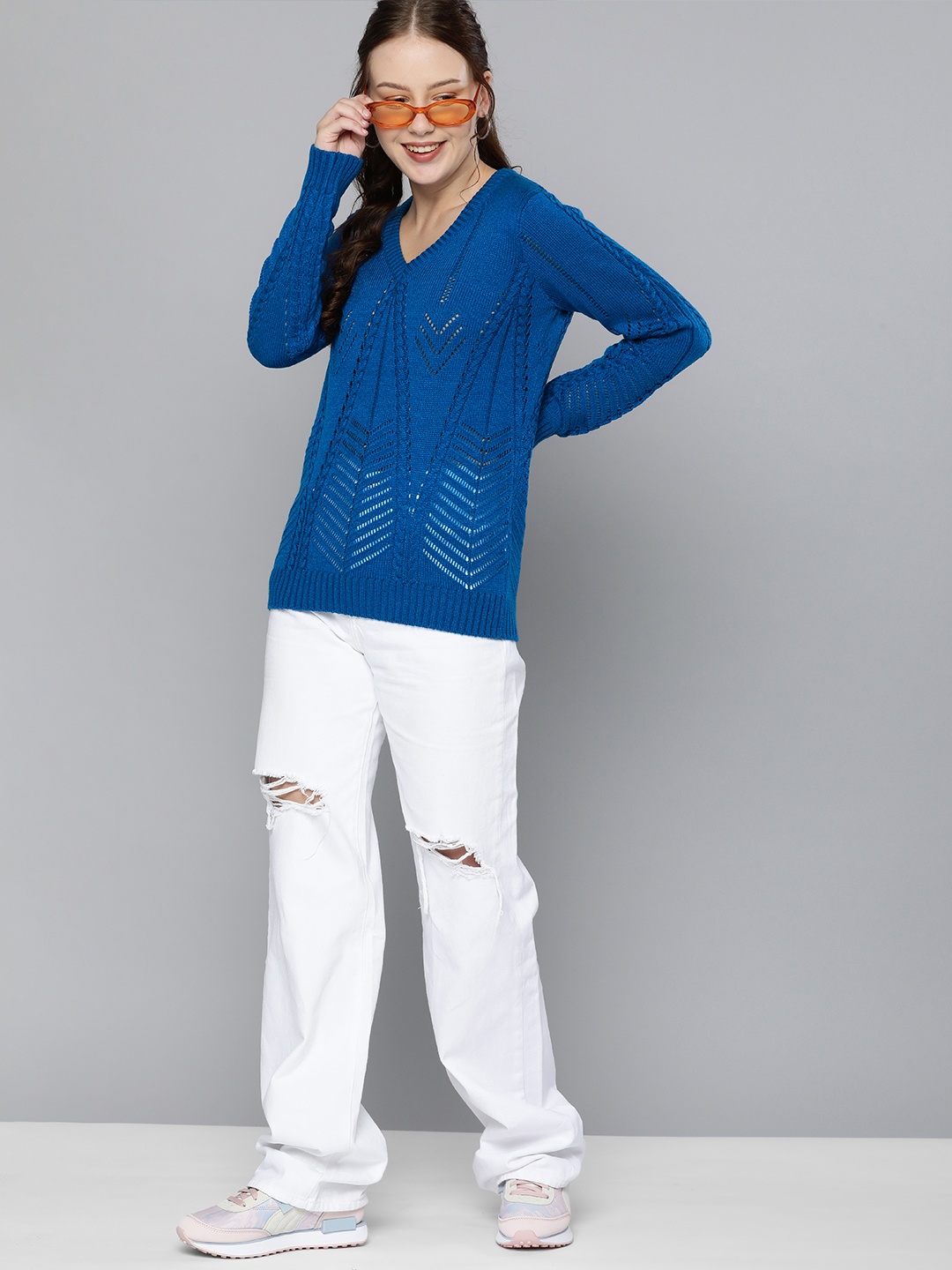 

HERE&NOW Women Blue Self Design V-Neck Pullover