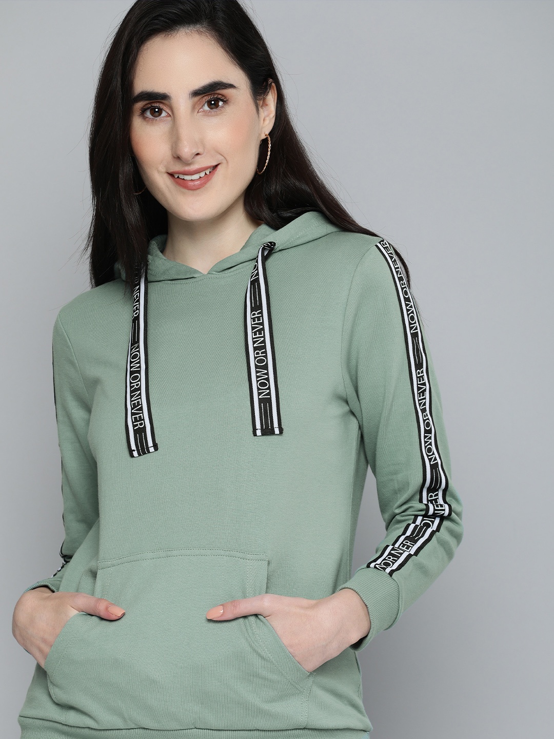 

HERE&NOW Women Sea Green Hooded Side Tape Sweatshirt