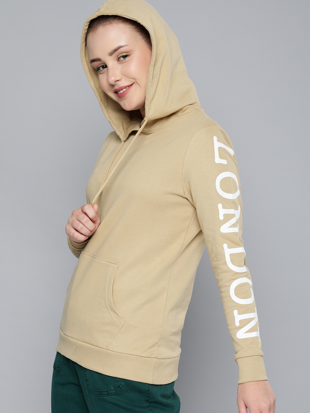 

HERE&NOW Women Beige Printed Hooded Pure Cotton Sweatshirt