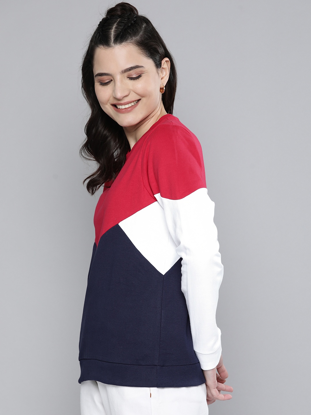 

HERE&NOW Women Red & Navy Blue Colourblocked Sweatshirt