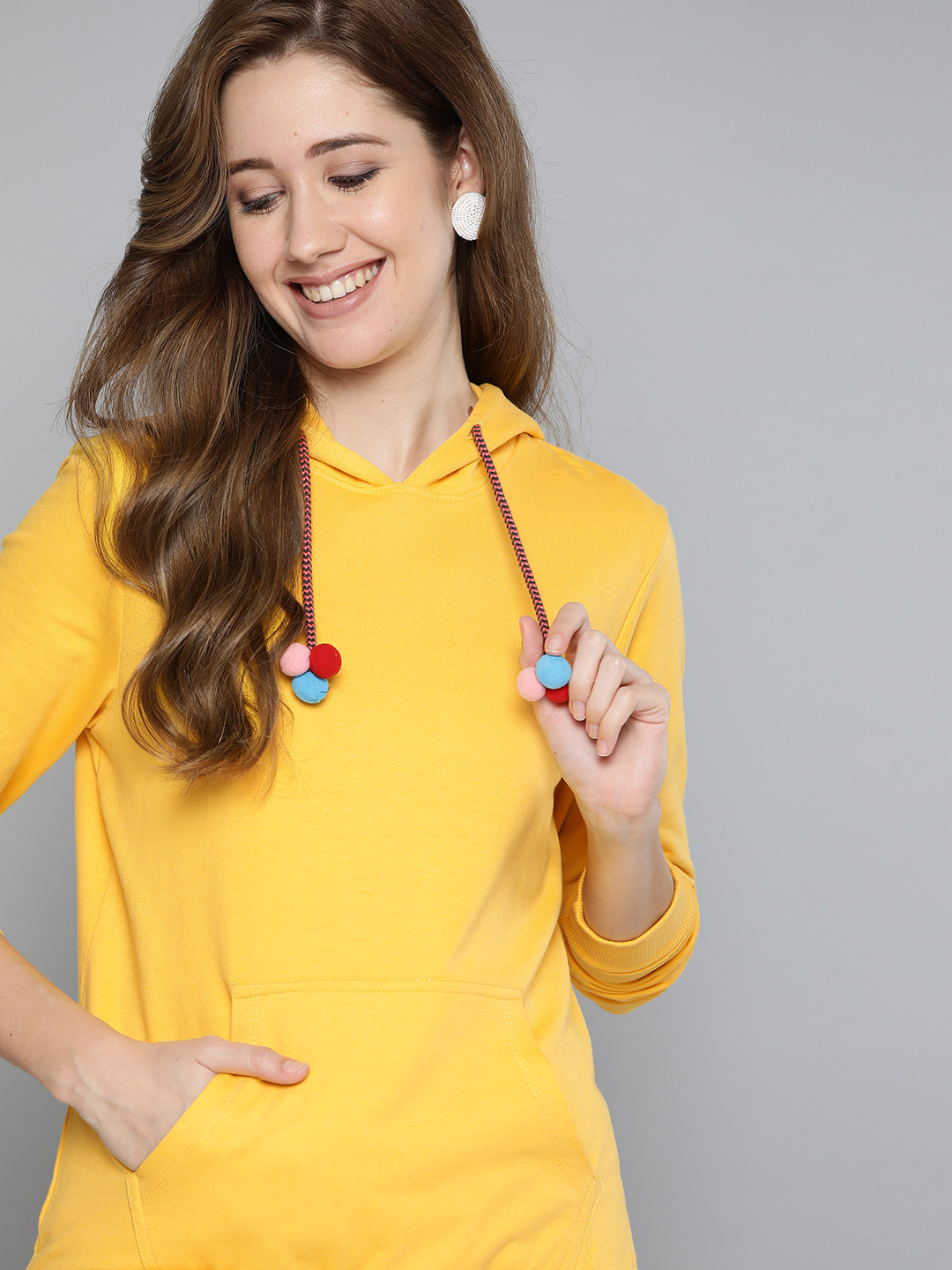 

HERE&NOW Women Yellow Solid Pure Cotton Hooded Sweatshirt