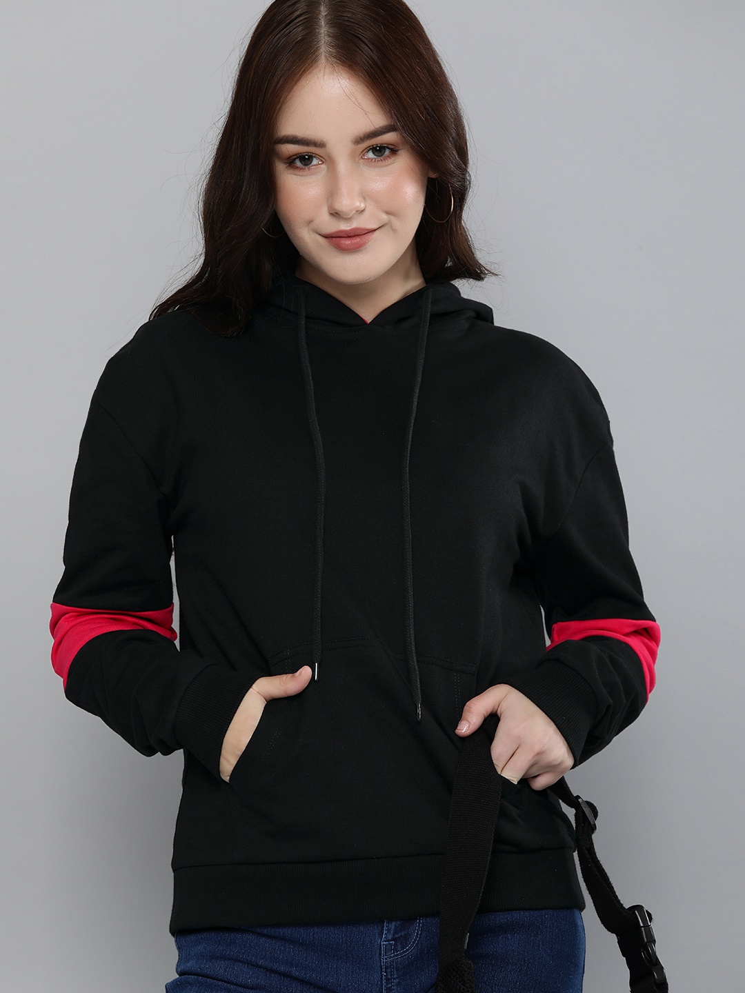 

HERE&NOW Women Black Solid Hooded Cotton Pullover Sweatshirt With Contrast Detail