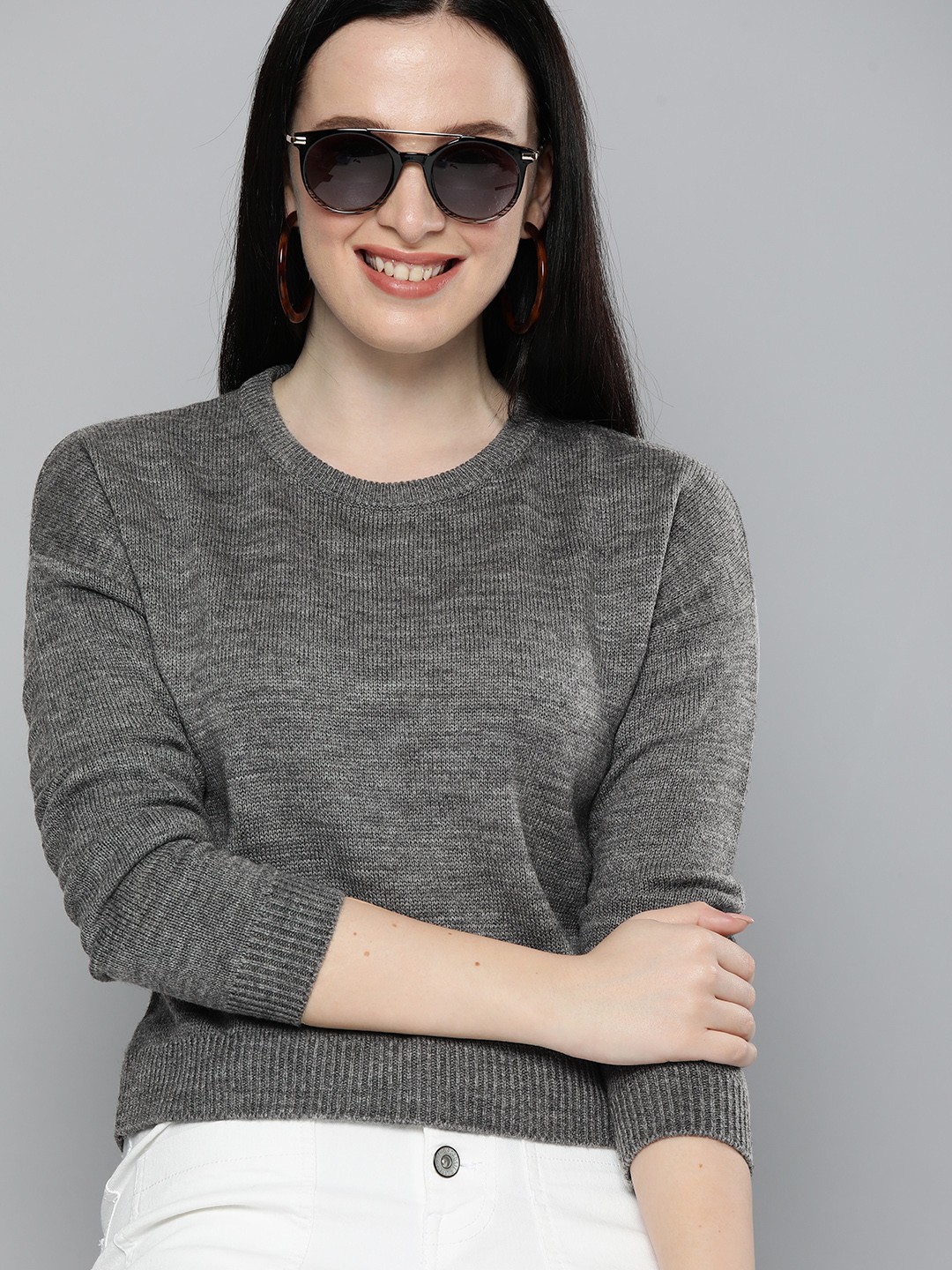

HERE&NOW Women Grey Self Designed Pullover Sweater