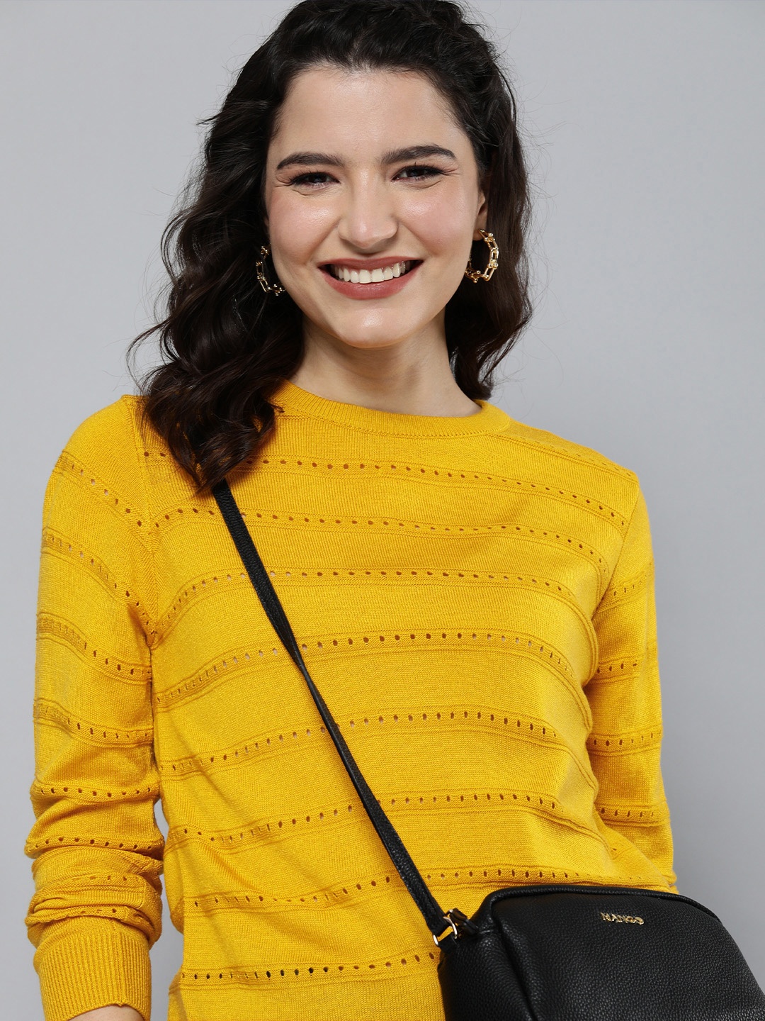 

HERE&NOW Women Yellow Open Knit Pullover Sweater