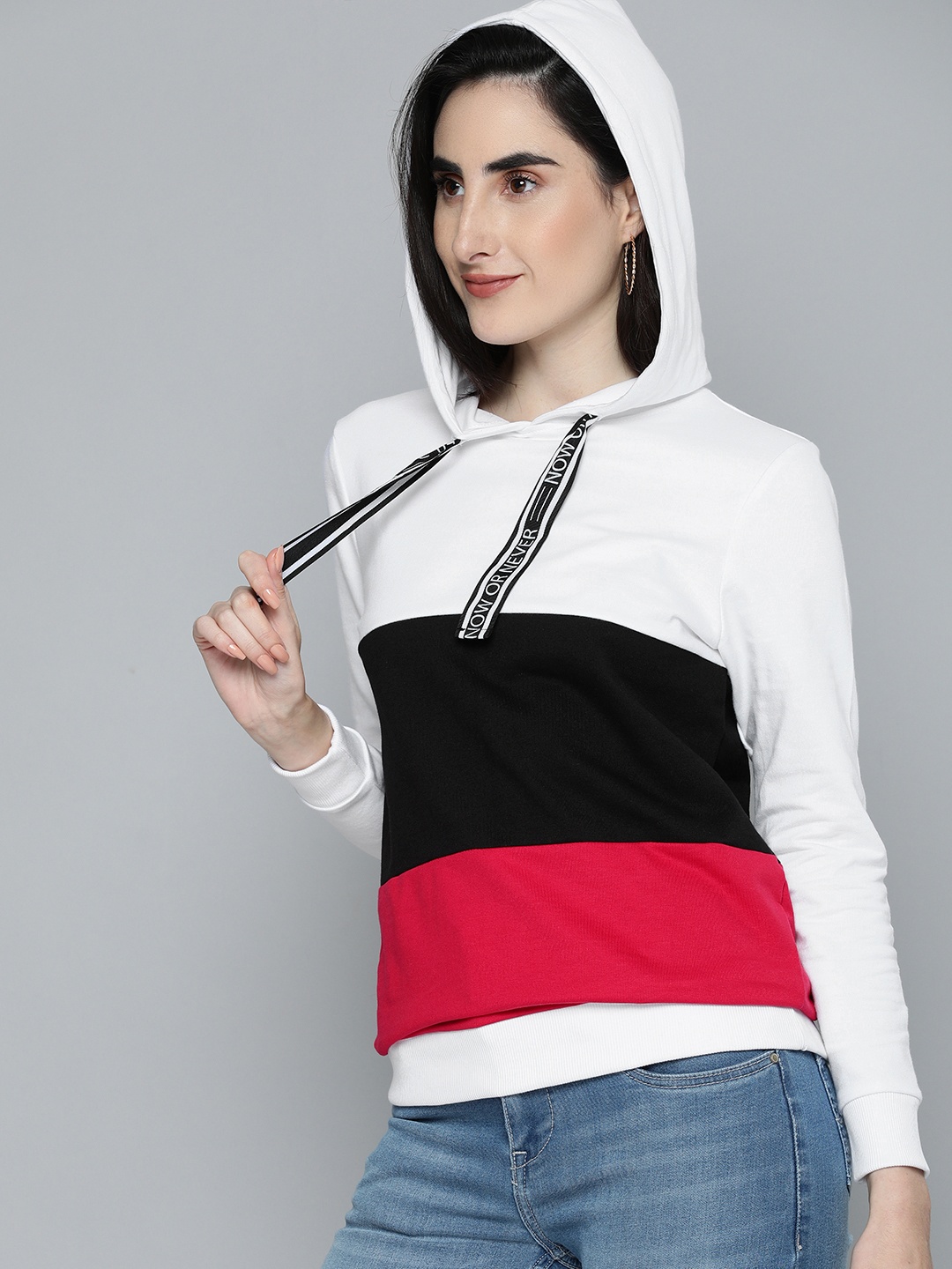 

HERE&NOW Women White Colourblocked Hooded Sweatshirt