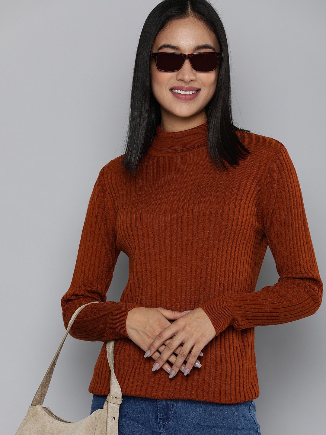 

HERE&NOW Women Brown Ribbed Pullover