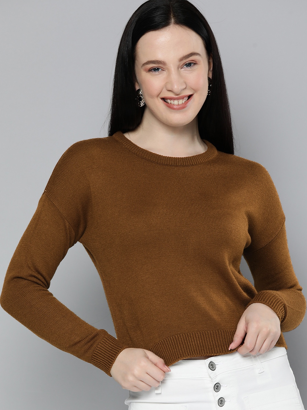 

HERE&NOW Women Brown Self Designed Pullover Sweater