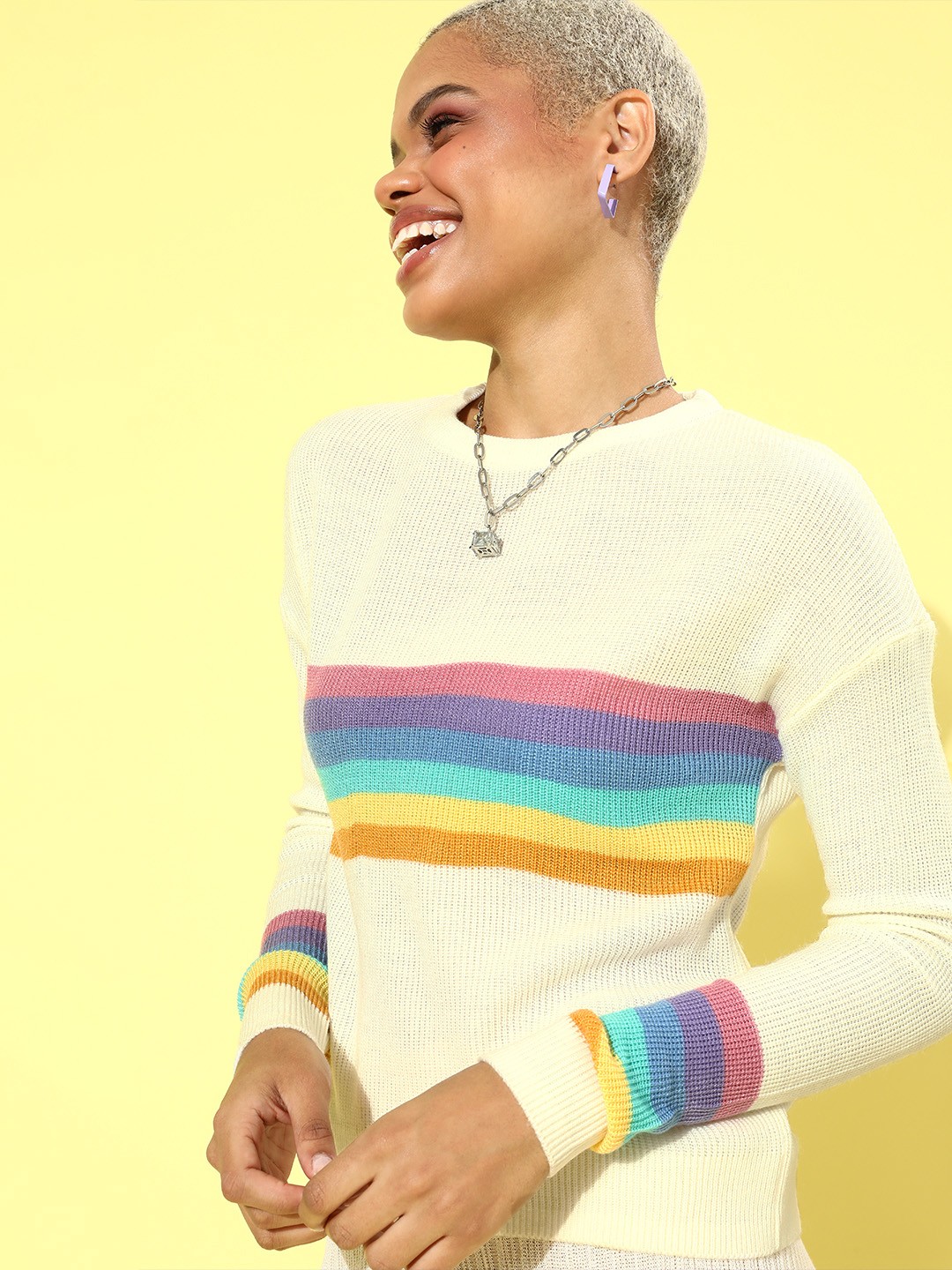 

HERE&NOW Women Yellow & Multicoloured Striped Pullover