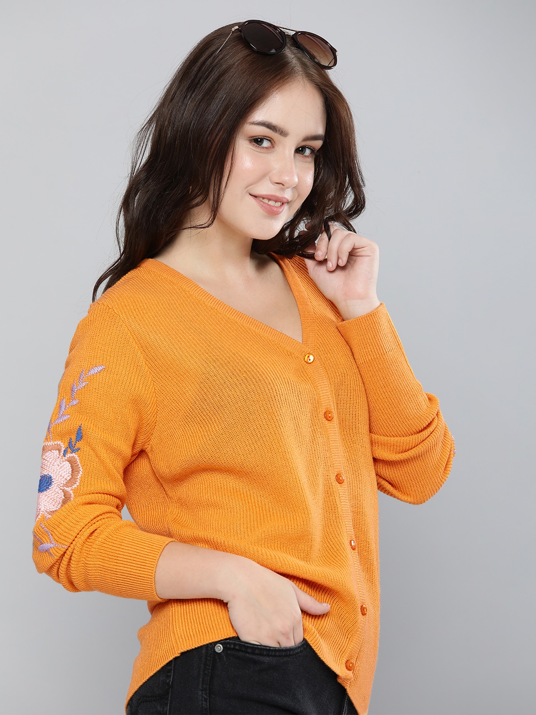 

HERE&NOW Women Mustard Yellow Ribbed Cardigan with Embroidered Detail