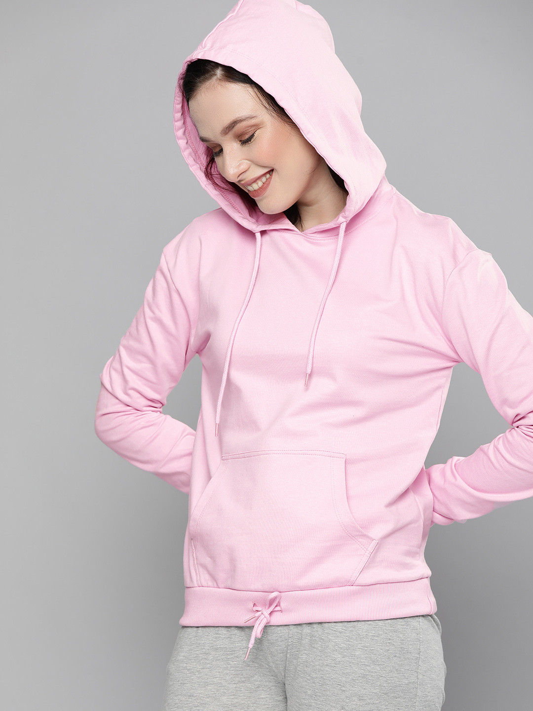 

HERE&NOW Women Pink Pure Cotton Hooded Sweatshirt
