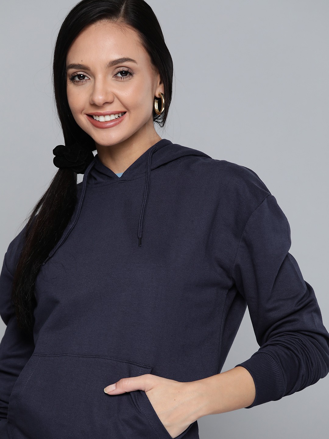 

HERE&NOW Women Navy Blue Pure Cotton Solid Hooded Sweatshirt