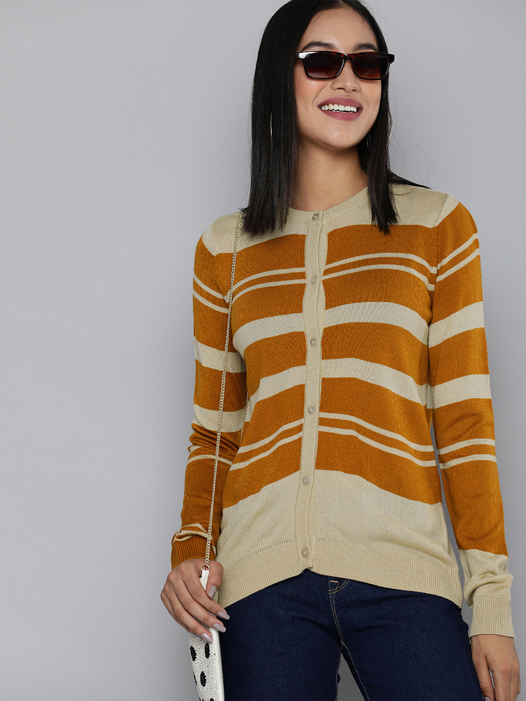 

HERE&NOW Women Yellow & Beige Striped Cardigan