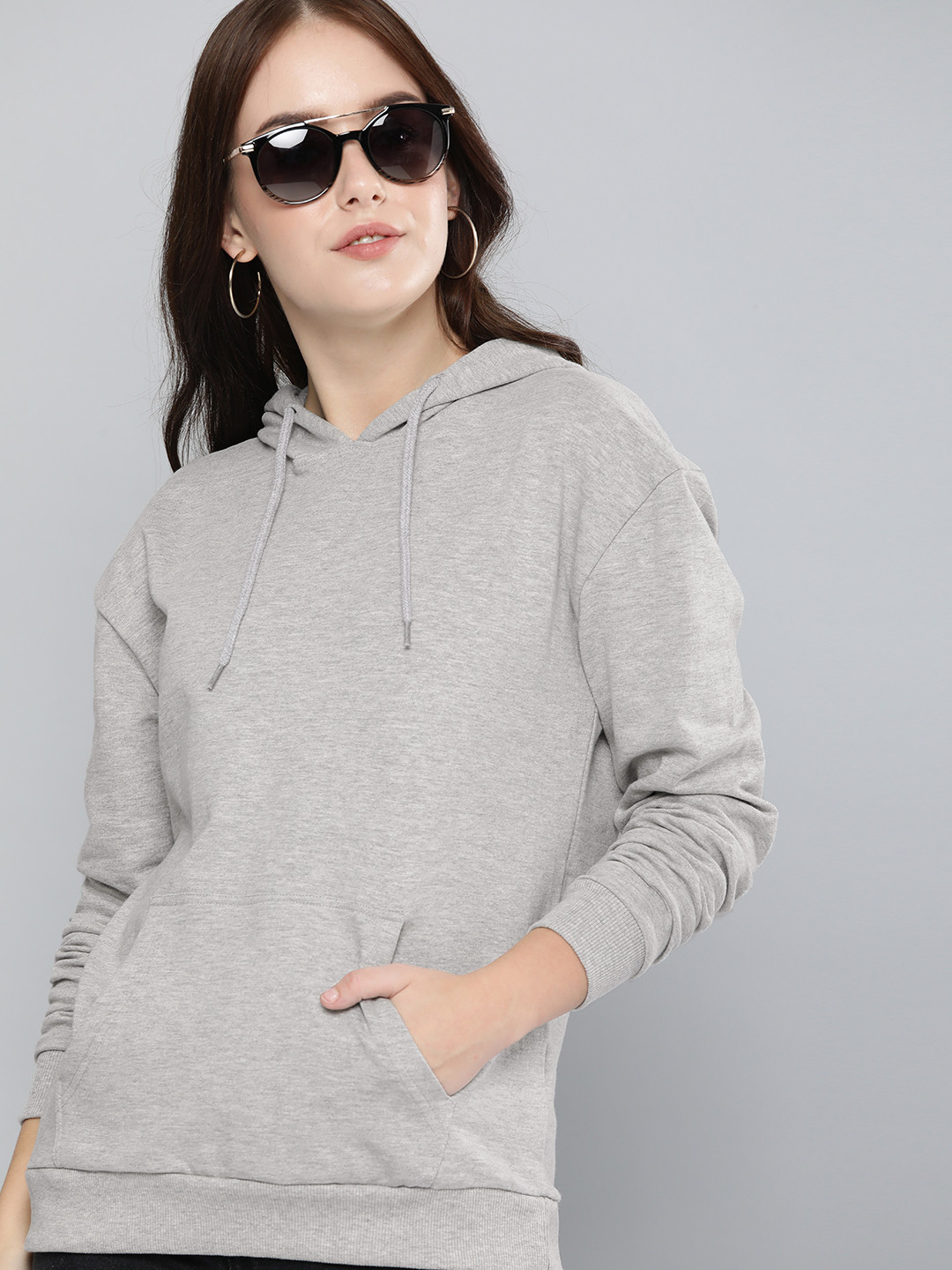 

HERE&NOW Women Grey Melange Solid Hooded Pullover Sweatshirt