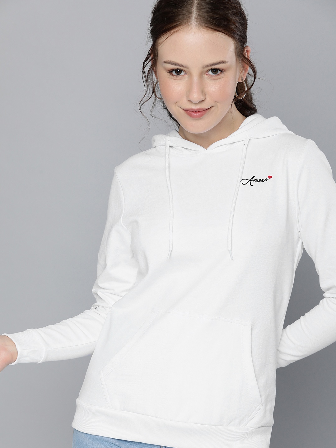 

HERE&NOW Women White Solid Hooded Sweatshirt