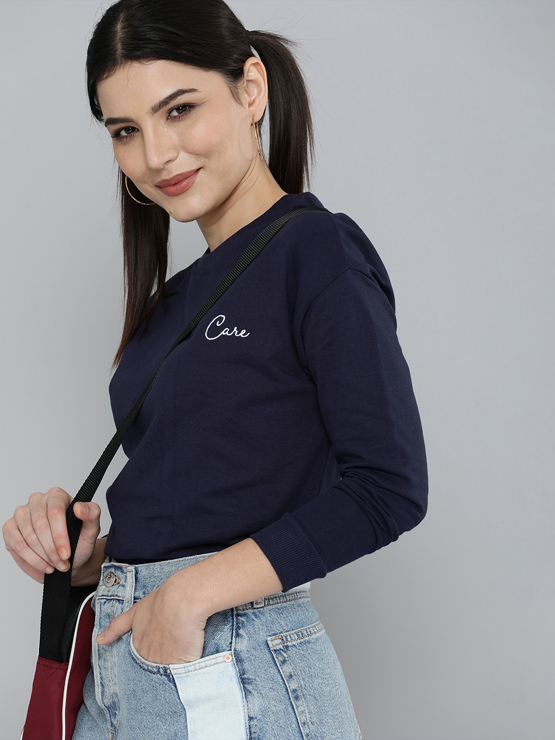 

HERE&NOW Women Navy Blue Typography Printed Pullover Sweatshirt