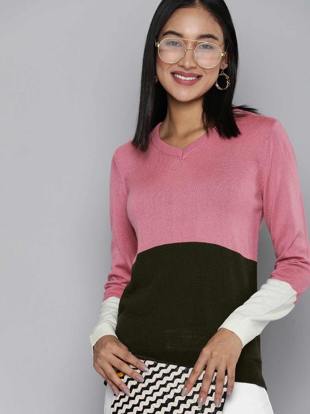 

HERE&NOW Women Pink & Black Colourblocked Pullover