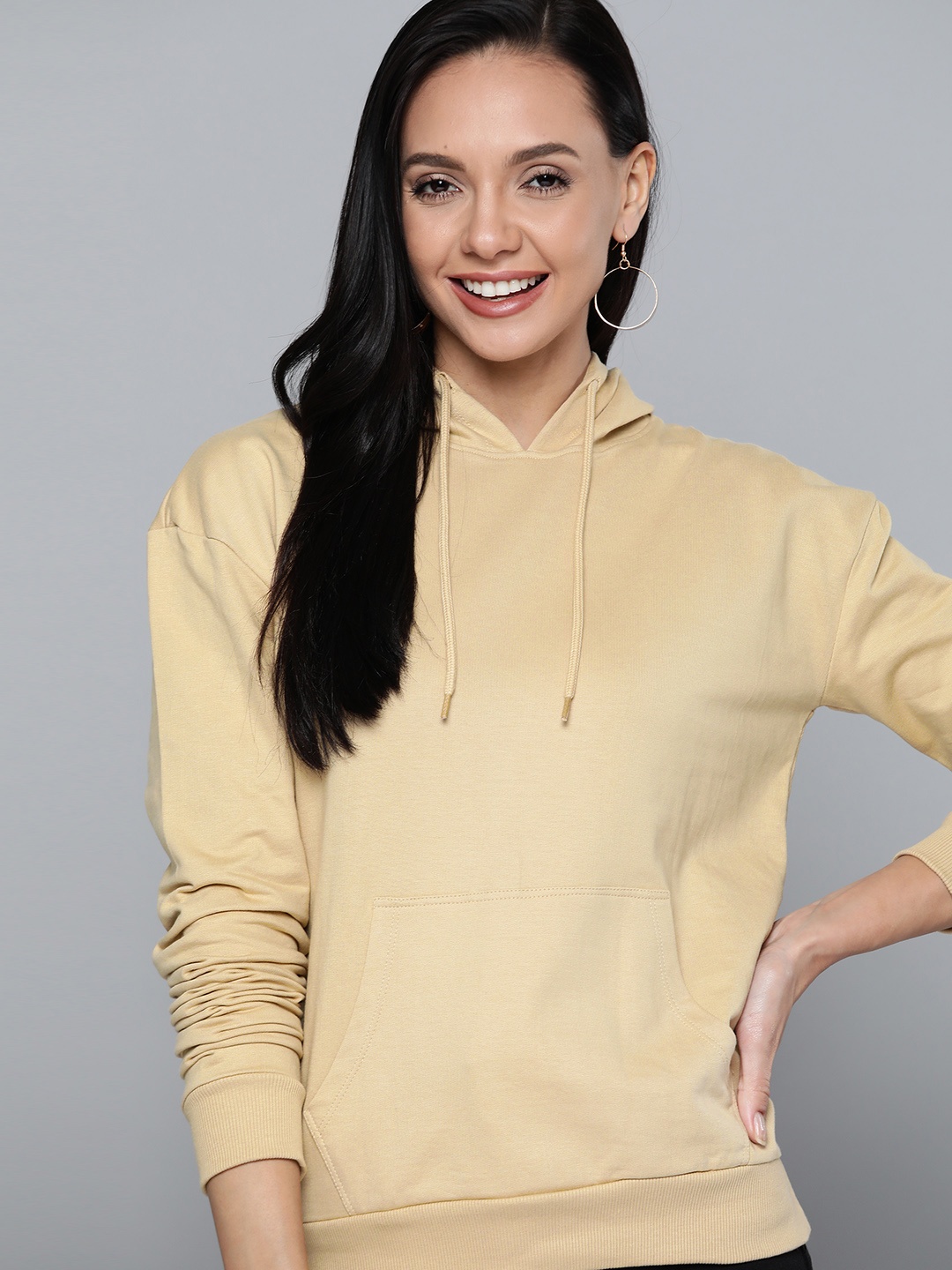 

HERE&NOW Women Beige Pure Cotton Solid Hooded Sweatshirt