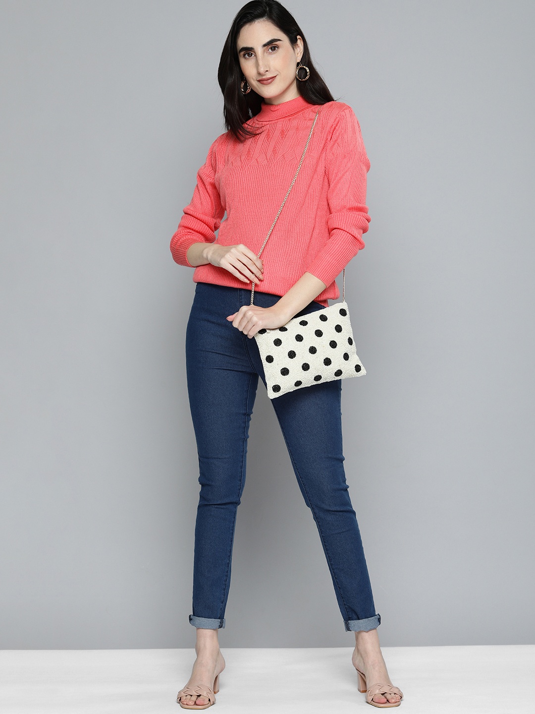 

HERE&NOW Women Pink Turtle Neck Full Sleeve Self Designed Pullover sweater
