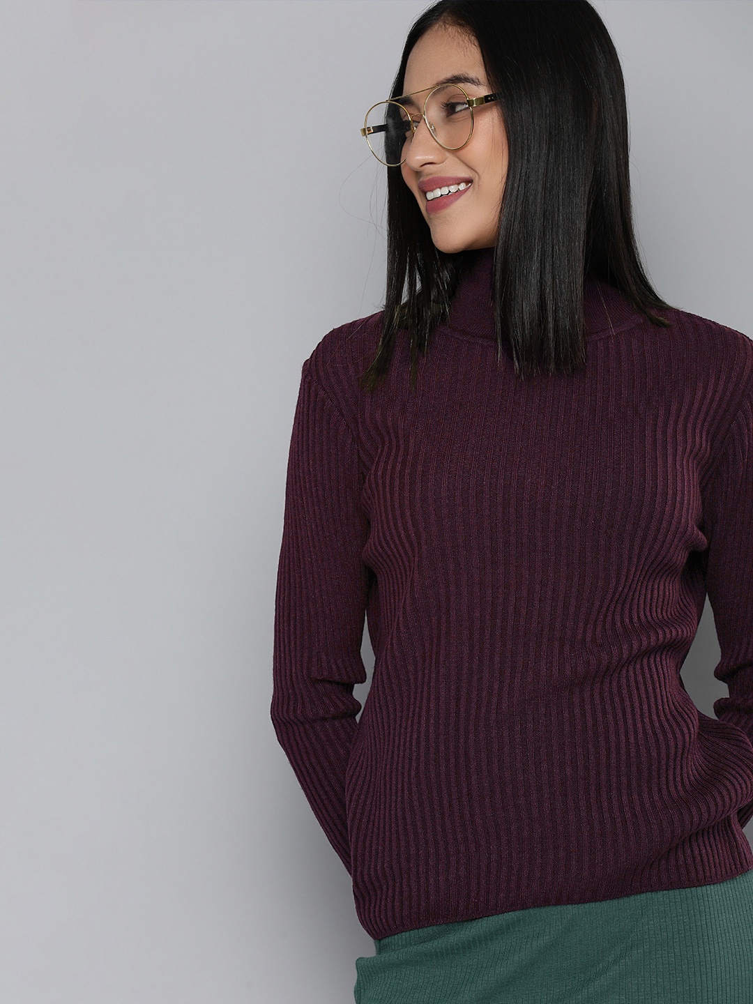 

HERE&NOW Women Purple Ribbed Pullover