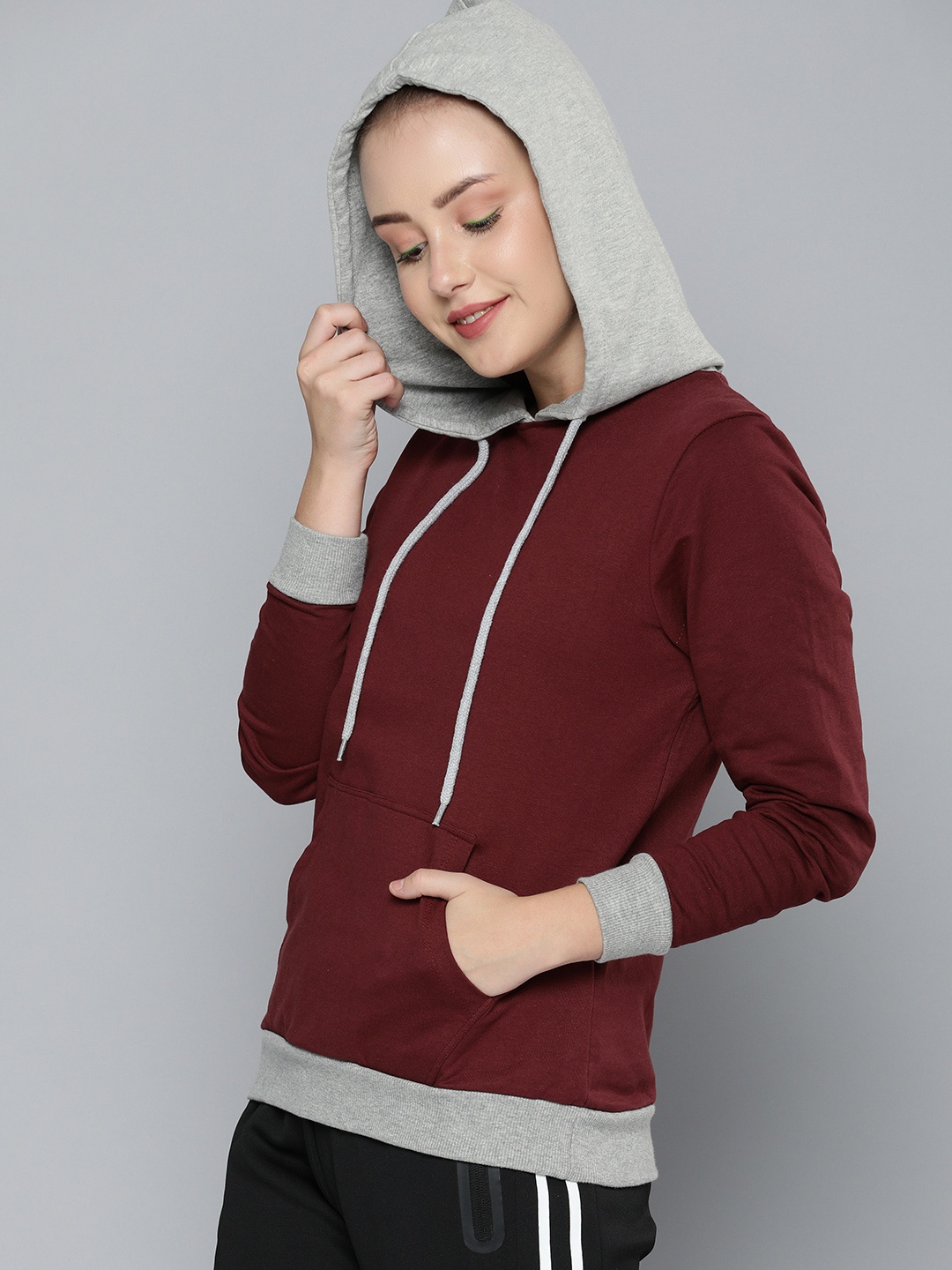 

HERE&NOW Women Maroon Colourblocked Hooded Pure Cotton Sweatshirt